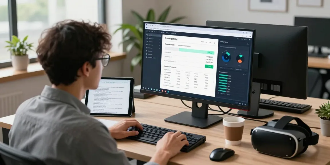 A user operating a free AI image detector while analyzing AI-generated images in a modern office environment, showcasing high-tech tools and data analysis.