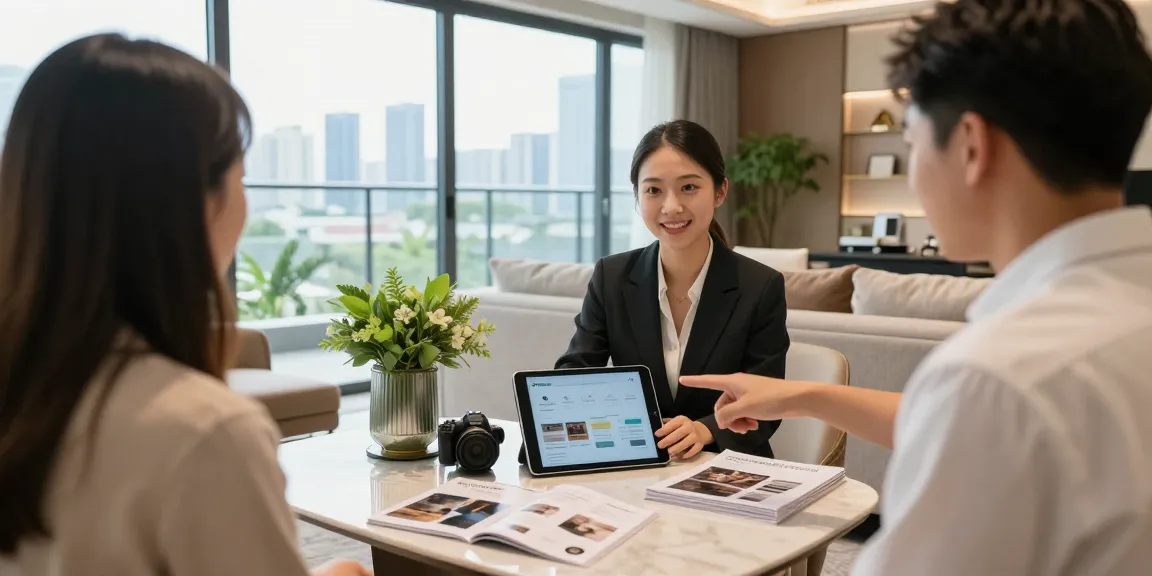 Tanjong Rhu Residences Showflat showcasing a modern living area with a sales representative engaging potential buyers.