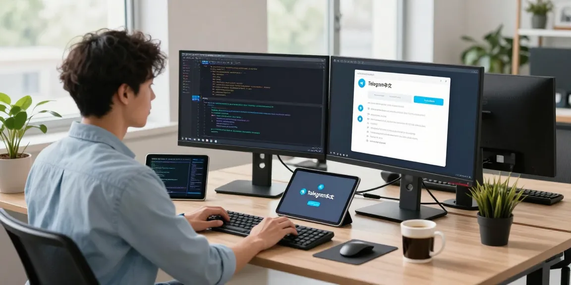 Developer exploring telegram中文 features in a modern workspace with dual monitors and tech gadgets.