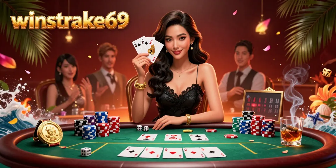 Experience the thrill of winstrike69 with a stunning casino-themed 3D illustration featuring poker elements and a glamorous scene.