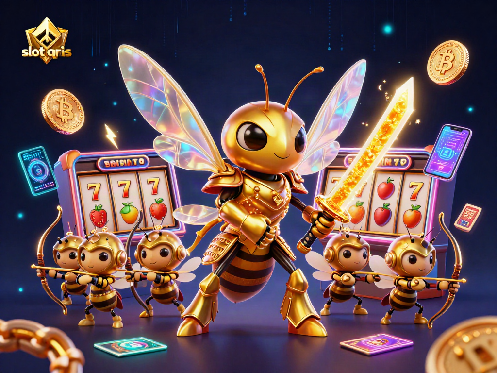 Engage with slot qris mechanics in a vibrant 3D illustration showcasing golden hornets and crypto elements.