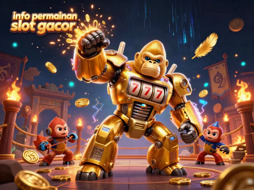 Gambar ilustrasi 3D dinamis info permainan slot gacor, menampilkan gorila emas dan mesin slot.