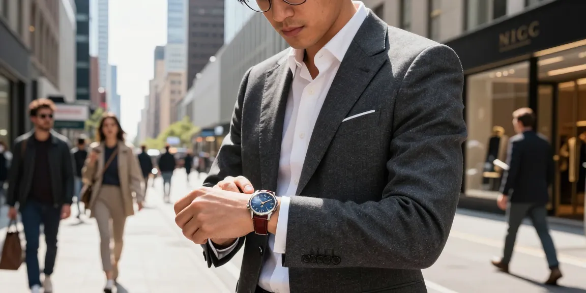 Replica watch on a stylish man's wrist amid a vibrant city scene.