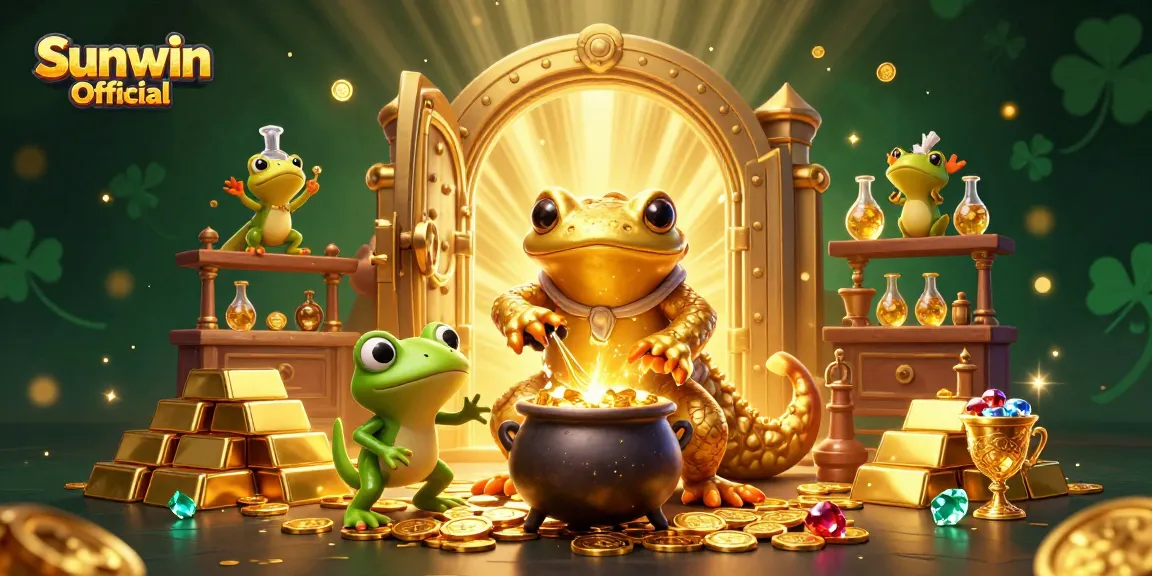 Experience the excitement of Sunwin Official with cartoon alchemists transforming gold in a magical casino