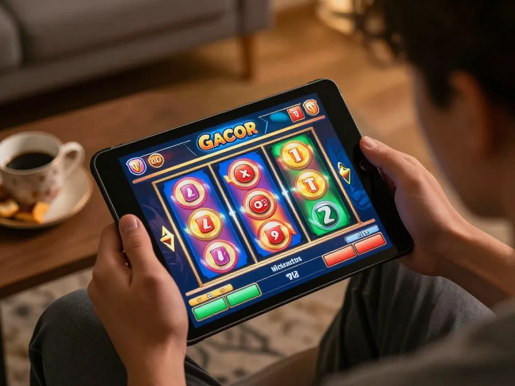 Bermain slot gacor di tablet, gulungan berwarna-warni berputar di lingkungan rumah yang nyaman