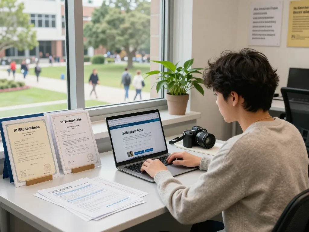 NU Certificate, Transcript & Verification Process Guide scene with student in a modern office reviewing academic documents.