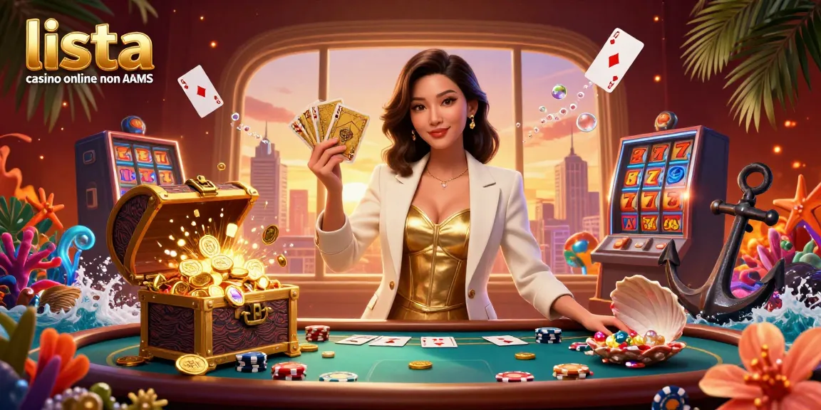 Interagisci con lista casino online non AAMS attraverso un'elegante donna asiatica e elementi del casinò in una scena vibrante.