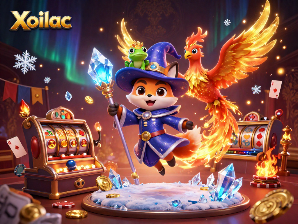 Xoilac captures the excitement of casino gaming with a wizard fox, phoenix, and enchanted frog.