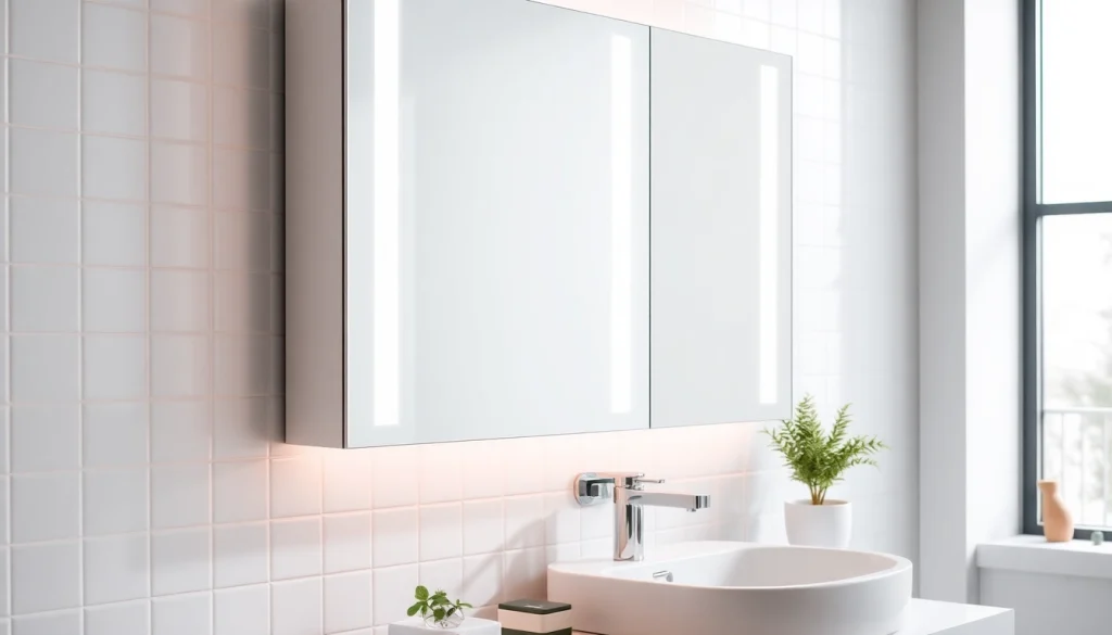 Präsentation eines sonni Spiegelschrank mit LED-Beleuchtung im modernen Badezimmer.