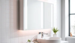 Präsentation eines sonni Spiegelschrank mit LED-Beleuchtung im modernen Badezimmer.