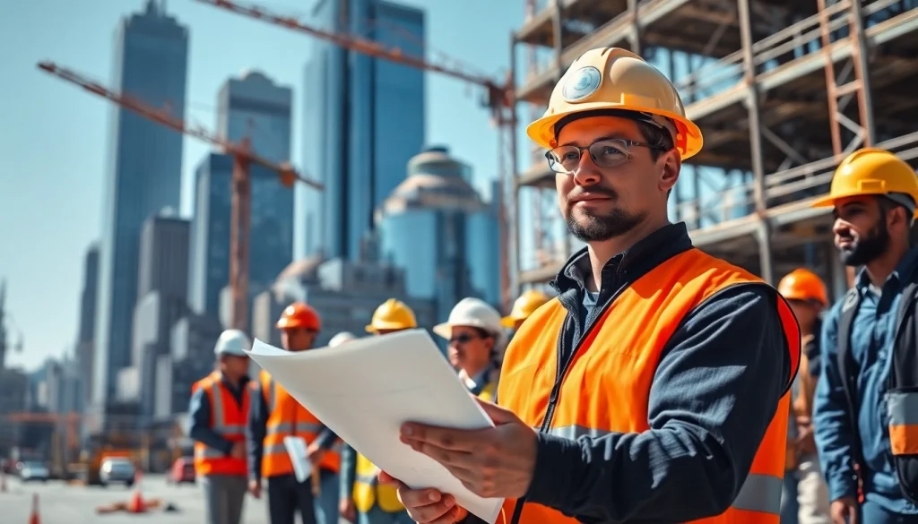 New York City General Contractor leading a team on a bustling urban construction site.