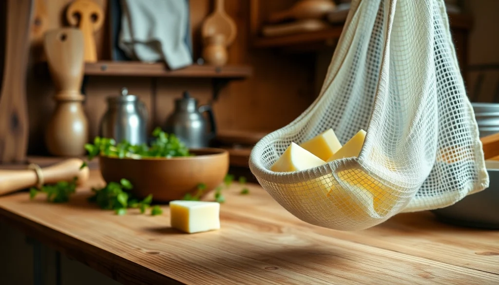 Kaasdoek gebruikt voor het aðrijnen van versgemaakte kaas in een rustieke keuken.