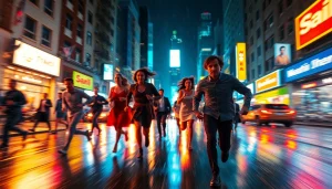 Characters racing through a thrilling scene in a fast-paced thriller