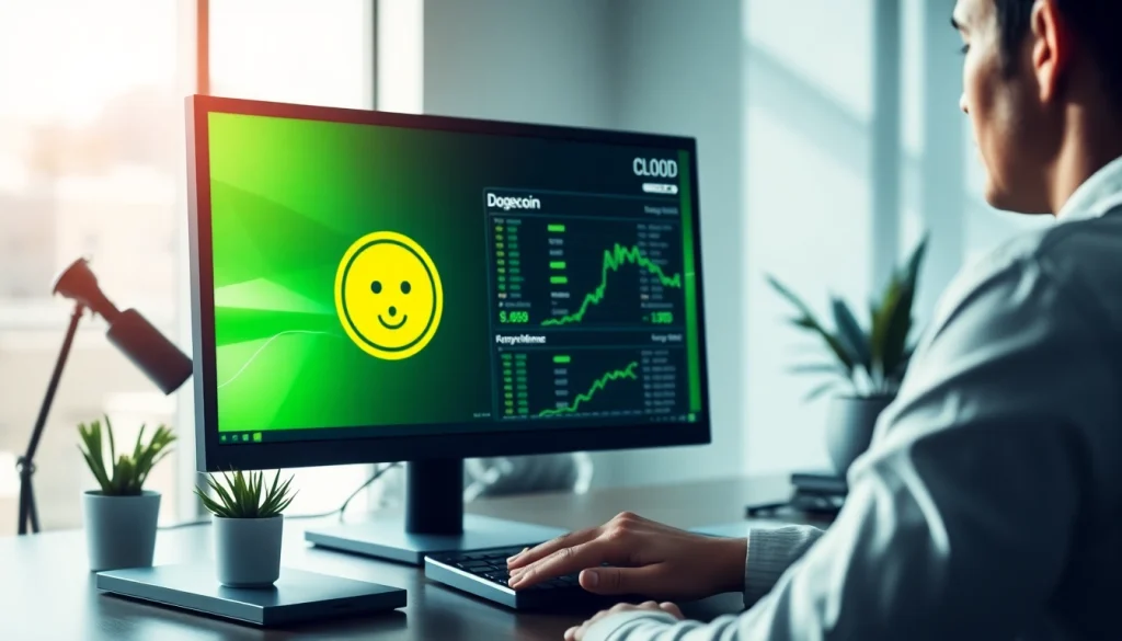 Visual representation of dogecoin cloud mining with a modern workspace and cryptocurrency software.