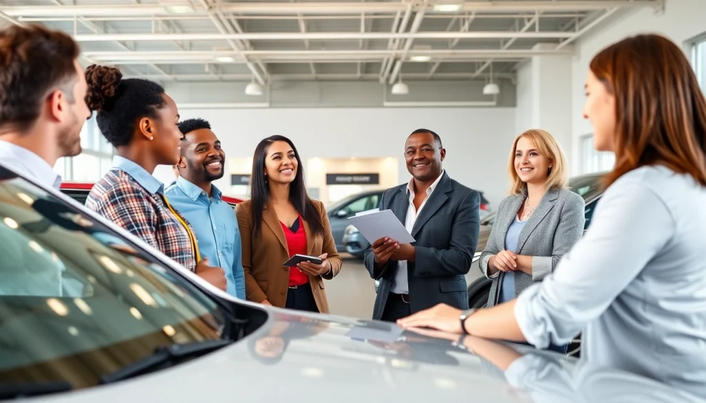 Buy a car in a modern dealership with clients discussing options with a salesperson.