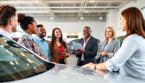 Buy a car in a modern dealership with clients discussing options with a salesperson.