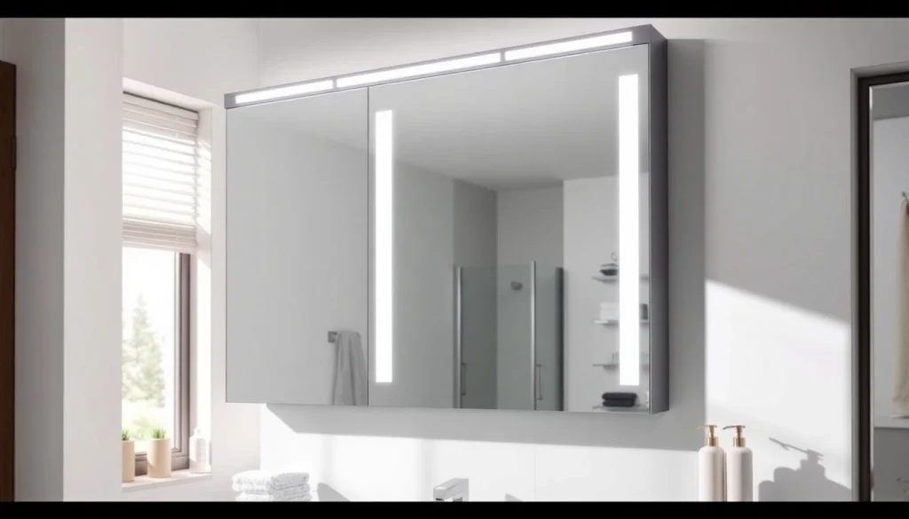 Spiegelschrank mit LED Beleuchtung für modernes Badezimmer mit integriertem Stauraum