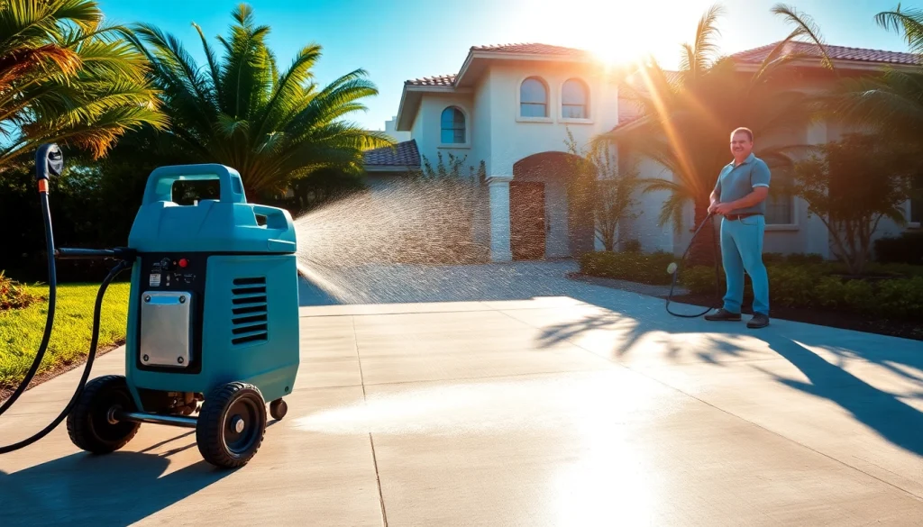 Concrete cleaning in Kissimmee, FL, showcasing a pressure washer revitalizing a driveway.