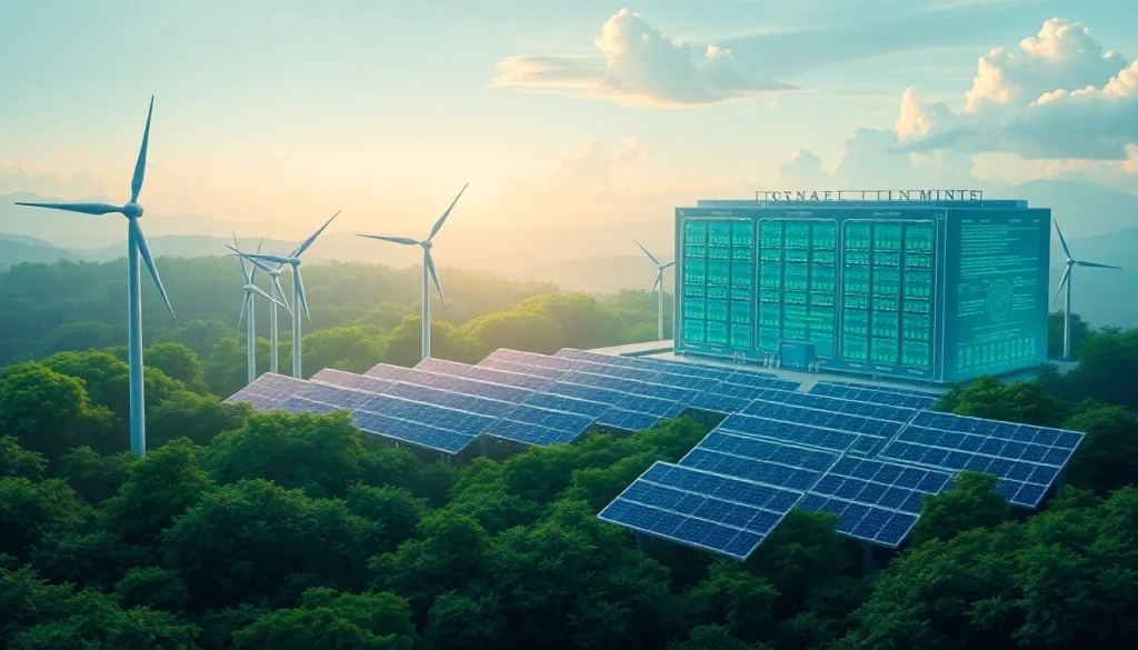 Visual representation of trusted cloud mining sites featuring renewable energy technologies like wind turbines and solar panels.