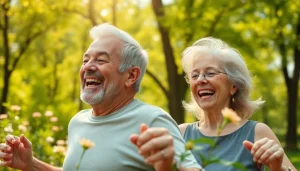 Showcasing a vibrant senior couple highlighting the concept of healthspan through joyful outdoor activity.