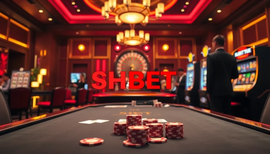 A dynamic casino scene featuring SHBET's gaming environment with players enjoying poker and roulette at https://shbet.law/.