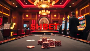 A dynamic casino scene featuring SHBET's gaming environment with players enjoying poker and roulette at https://shbet.law/.