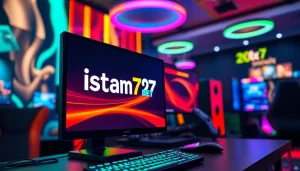 Menggambar pengalaman bermain istana777 bet dengan pengaturan desktop modern dan lampu LED berwarna-warni.