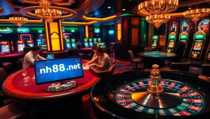 Engaging scene of casino gaming at nh88vn.net with poker chips and a roulette wheel.