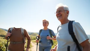 Celebrate healthspan with a vibrant elderly couple enjoying outdoor activities in nature.