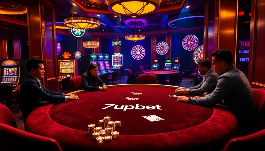 Engaging players at a poker table in a luxurious casino scene featuring 7upbet branding.