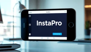 InstaPro APK download displayed on a smartphone screen amidst modern tech elements.