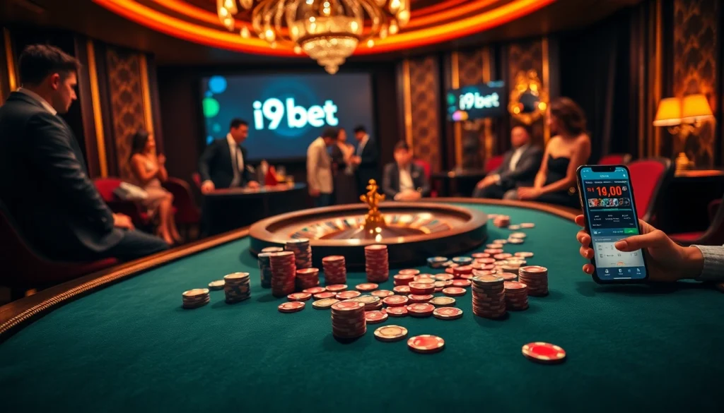 Engaging in a lively poker game at i9bet's luxurious casino with vibrant chips and cards.