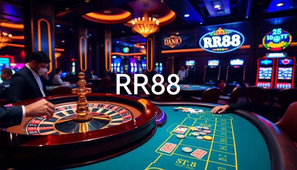 Experience thrilling gambling action with RR88 at an elegant casino featuring roulette, blackjack, and slot machines.