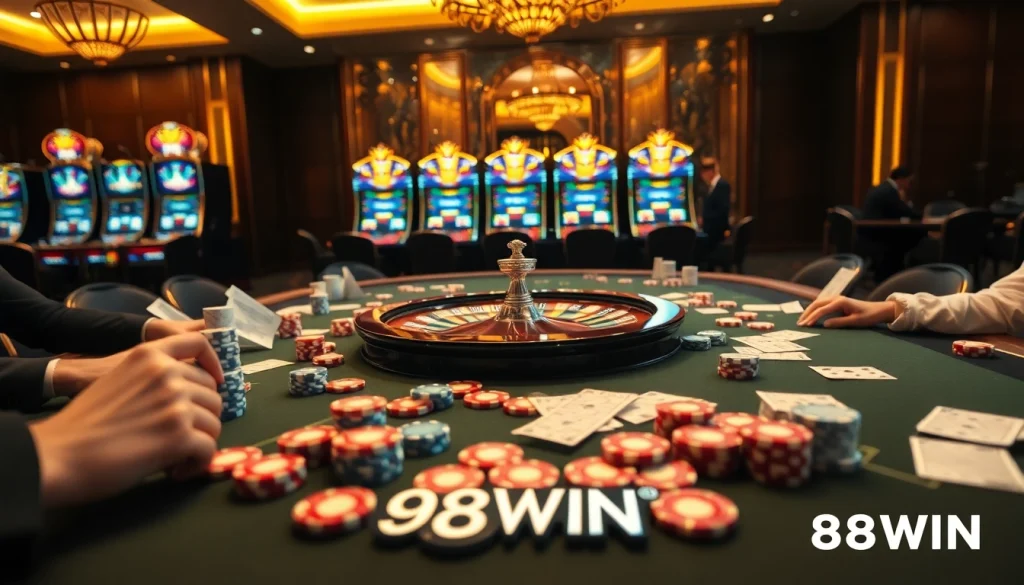 Experience the excitement of 98WIN with vibrant casino games and elegant poker tables.