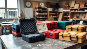 Showcasing protective foam Pelican cases in an artistic workshop setup with vibrant colors and intricate designs.