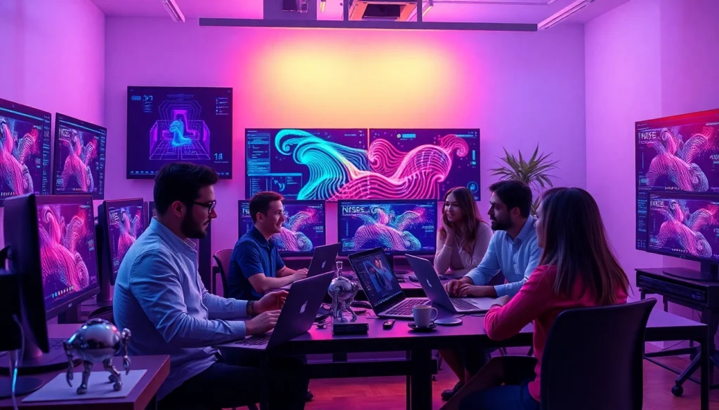 An innovative studio creating NSFW AI content, showcasing diverse professionals in a vibrant digital environment.