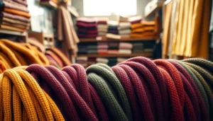 Ribcord stof in diverse kleuren en texturen opgestapeld in een stoffenwinkel.