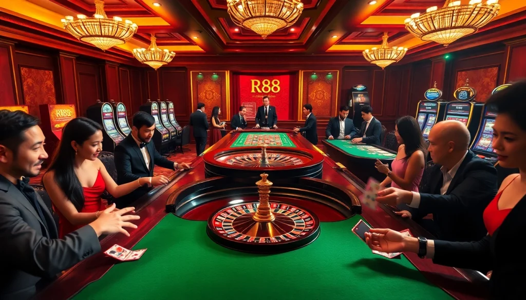 Experience the excitement of RR88 at a vibrant casino, with players engaged at roulette and slot machines.