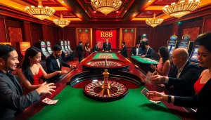 Experience the excitement of RR88 at a vibrant casino, with players engaged at roulette and slot machines.