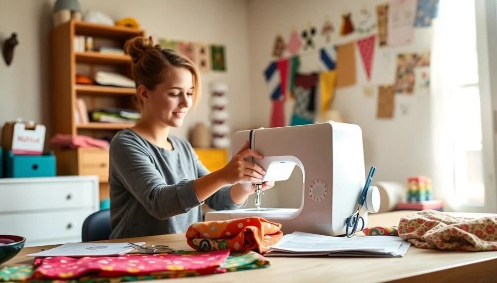 Beginnende naaiers leren naaien met een naaimachine in een sfeervolle werkplek.