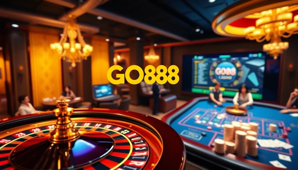 Players enjoying the GO88 casino experience, with poker chips and a roulette wheel in view.