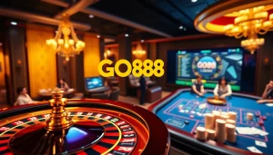 Players enjoying the GO88 casino experience, with poker chips and a roulette wheel in view.