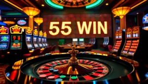 Players celebrating a big win at the casino, showcasing vibrant poker chips and excitement from 555 win.