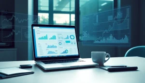 Web scrapping illustration with a laptop displaying financial graphs and a sleek workspace.