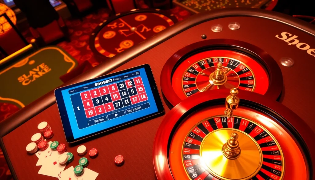 Link alternatif sbobet showcased in a luxurious casino setting with roulette and betting interface.