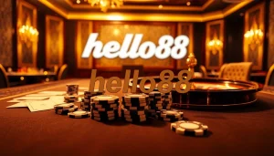 Hello88 poker chips glimmer on a sophisticated casino table, inviting excitement and action.