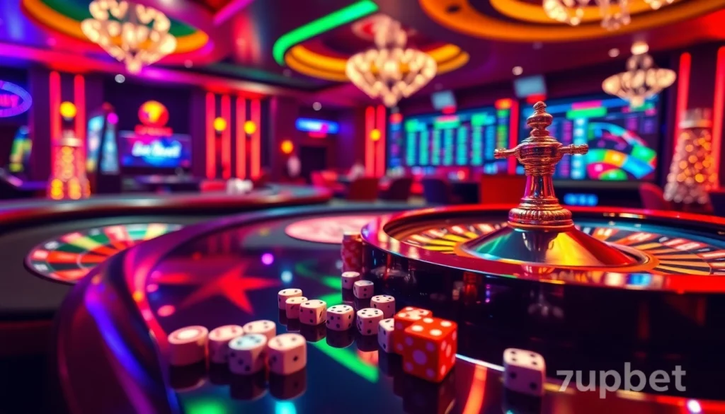 Gambler placing bets on 7upbet online casino with poker chips and roulette wheel.