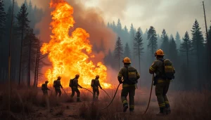 Firefighters actively combatting wildfire events amidst flames and smoke in a dense forest.