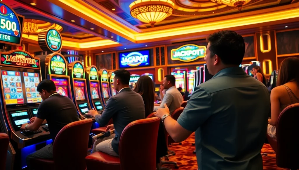 Naga169 terpercaya players happily winning at vibrant slot machines in a luxurious casino.