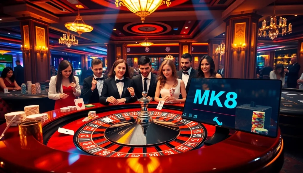 Excited players engaging in a thrilling MK8 casino experience with roulette and poker chips.